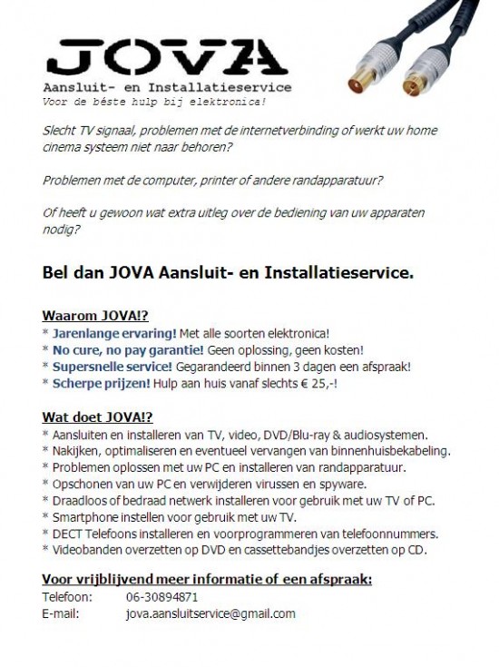 Hulp bij Installatie Tv, Audio/Video, PC, Ziggo e.d. & Videobanden op DVD service!