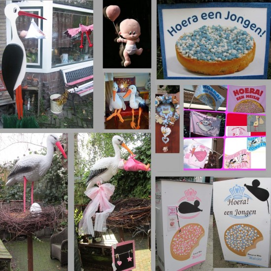 Verhuur van geboorte-artikelen: ooievaar op nest, Megapak, geboorteborden, -vlaggen, -krans en 3Dba
