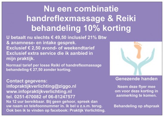 Een Combinatie behandeling van 10% korting voor Reiki1 & handreflexologie